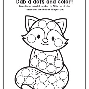 A black and white printable coloring worksheet featuring a fox with blank circles for dot markers.