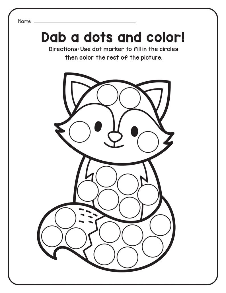 A black and white printable coloring worksheet featuring a fox with blank circles for dot markers.