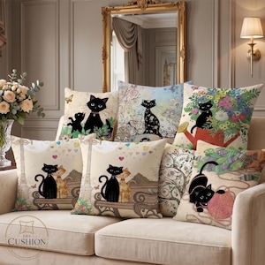 Vintage Black Cat Cushion Cover, French Cat Throw Pillow Cover, Cute Cartoon Cat Decor, Double Sided Sofa Pillow Gift for Cat Lovers