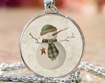 Christmas Primitive Snowman Pendant and Necklace, Christmas Gift Pendant, Snowman Jewelry, Snowman, Snowman Charm, 1 Inch Round Pendant JWI2