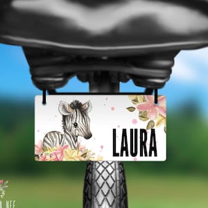 Kids License Plate Personalized Bike License Plate Girls Bike Accessories Custom License Plate Vanity Name Plate Kids Room Decor Zebra BLP26