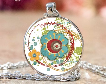 Flower Necklace, Flower Pendant, Flower Jewelry, Colorful Floral Necklace, Cabochon Necklace, Children's Necklace, Gift for Girls, Her JBA12