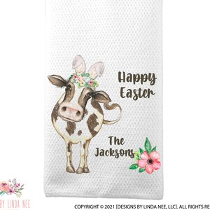 Easter Kitchen Towels, Personalized Kitchen Towel, Custom Easter Towel, Cow Kitchen Decor, Easter Heifer Kitchen Decor, Spring X-EAS007