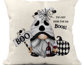 Halloween Gnome Pillow, Here for the Boos Ghost Gnome Halloween Fall Pillow, Halloween Lover, Fall Decorations Gift for Her Wine 7-HAL016