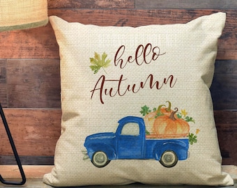 Oreiller d'automne, oreiller citrouille, oreiller de camion bleu vintage Bonjour automne, taie d'oreiller automne, oreiller automne ferme taie d'oreiller PCH54