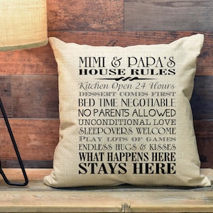Mimi and Papa House Rules Pillow Cover, Gift for Grandparents, Gift for Grandma and Grandpa, Living Room Accent Pillow Toss Pillow PCP6