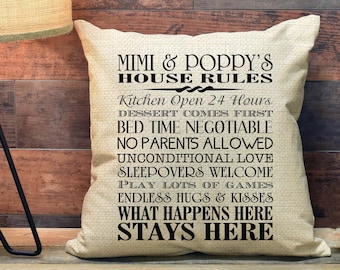 Mimi and Poppy House Rules Linen Pillow Cover, Personalized Gift for Mimi and Poppy, Gift for Grandparents, 18&quot; x 18&quot; Accent Pillow PCP2