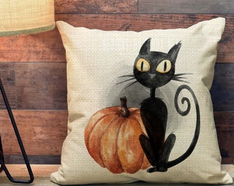 Halloween Pillow Cover, Black Cat Pillow Cover, Pumpkin Pillow, Halloween Decor, Fall Pillow, Sexy Witch Decor PCH42