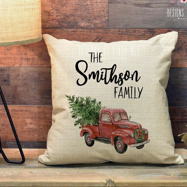 Personalized Red Truck Christmas Pillow Cover Custom Family Christmas Decor Christmas Pillow Holiday Pillow Cover Christmas Gift Idea PCH11
