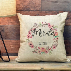 Personalized Wedding Gift Name and Date, Custom Pillow Gift for Couple, Floral Bridal Shower Gift Custom Anniversary Engagement Gift  PCP73