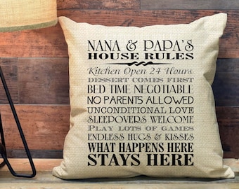 Nana and Papa House Rules Pillow Cover, Gift for Nana and Papa, Birthday Gift for Nana, Christmas Gift Grandparents, Accent Pillow PCP1