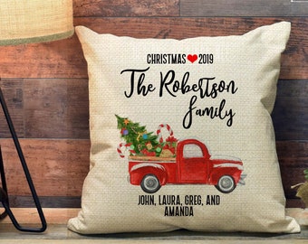 Red Truck Christmas Throw Pillow Family Christmas Pillow Family Name  Decorative Pillow Holiday Gift Pillow and insert included P153