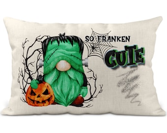 Halloween Lumbar Pillow, Fall Gnome Pillow Cover, Halloween Decor, So Franken Cute Frankenstein Gnome Pillow Decor, Couch Accent 7-HAL017