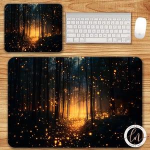 Fireflies Desk Mat, Firefly Magical Forest Mousepad, Dark Gothic Fantasy, Mystical Woodland Mousepad, Glowing Forest Office Decor 6-GOT014