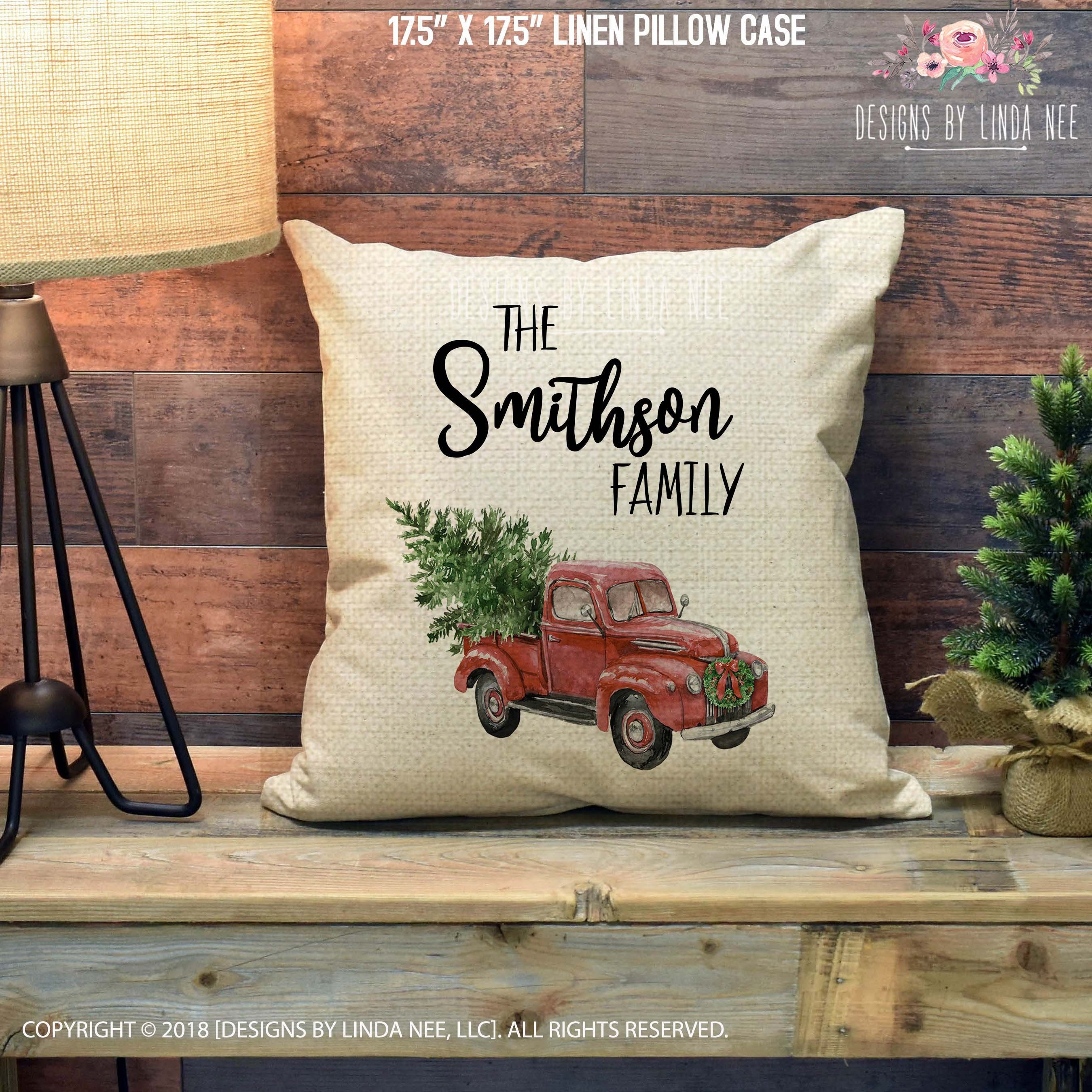 Christmas pillow with red truck top