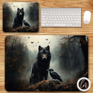 May include: A black wolf and raven stand together in a dark, misty forest. The wolf has a serious expression and the raven is perched on a branch. The background is a dark, moody forest with trees and fog.