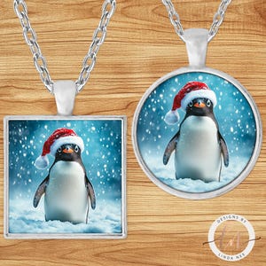 Penguin Necklace, Cute Santa Penguin Pendant, Christmas Jewelry, Snowy Whimsical Animal Art, Holiday Jewelry, Keychain, Key Fob, 6-XMS001