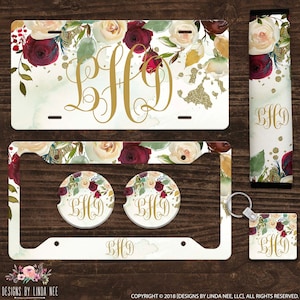 Monogrammed License Plate Personalized Plate and Frame Floral License Plate Car Accessories Custom Tag Seatbelt Cover Coaster Keychain ALP11