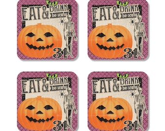 Halloween Coaster set of 4, Drink Coaster, Halloween Party Decorations, Party Favors, Cork Vintage Coffee Coaster, Cup Coaster X-HAL001