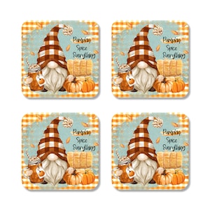 Pumpkin Spice Everything, Gnome Coasters Set of 4 Autumn Picnic Coasters, Housewarming Gift, Drink Coasters, Coffee Coasters, Funny 7-FAL004