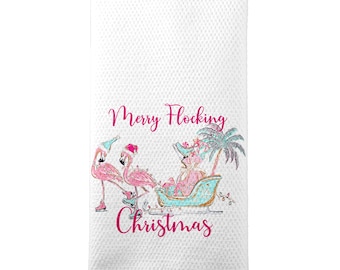 Tropical Flamingo Christmas Towel, Flamingo Kitchen Towel, Christmas Kitchen Tea Towel, Tropical Flamingo Decor, Beach Vacation X-XMS084