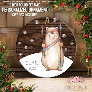 Boy&#39;s Christmas Ornament, Personalized Woodland Bear Ornament, Boho Bear OCH294