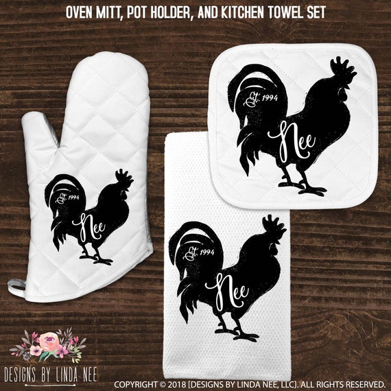 Rooster Kitchen Towel, Pot Holder and Oven Mitt Set