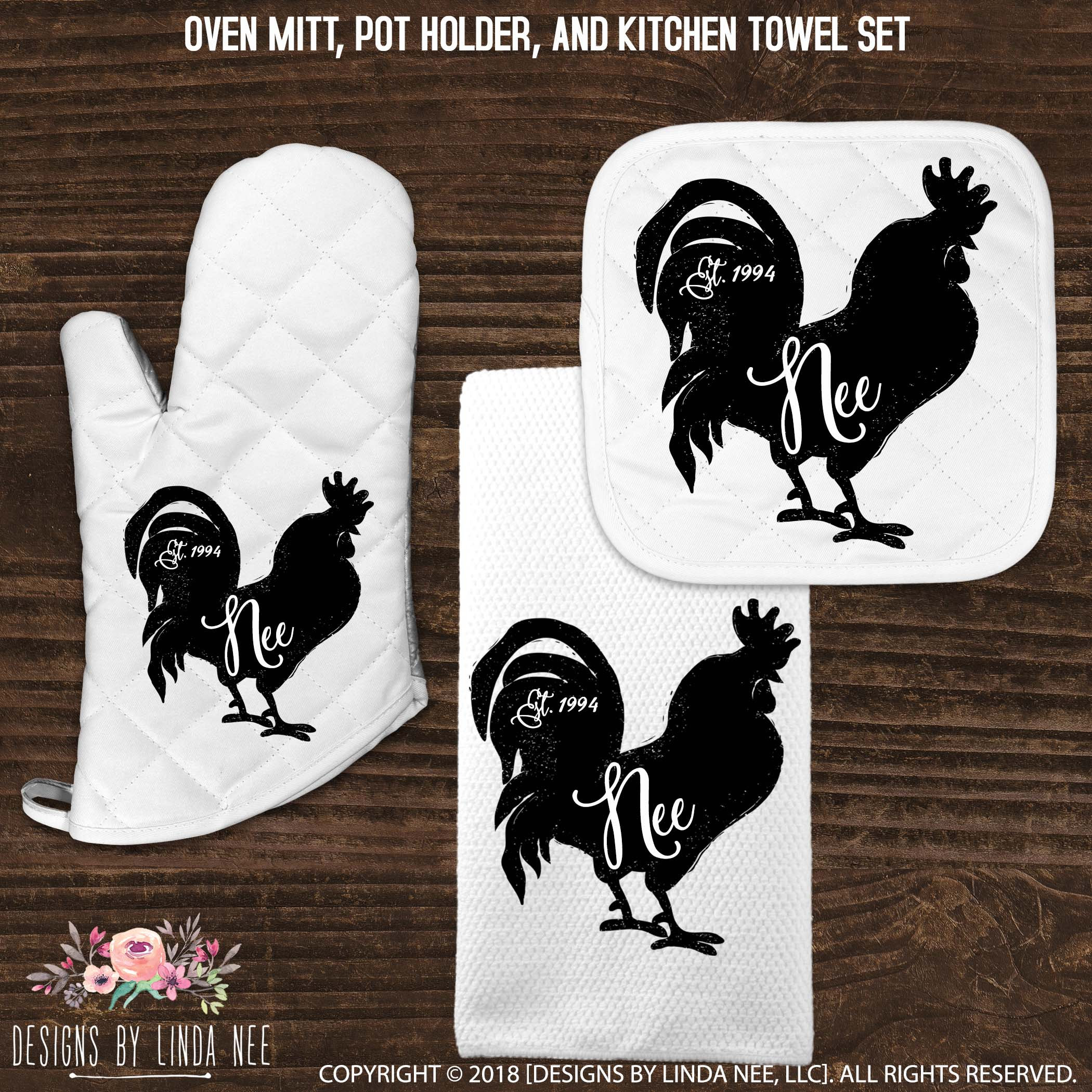 Kitchen Linen Set Farm Rooster Set of Apron, Oven Mitt, Pot Holder