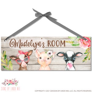 Girls Farm Animal Name SIGN, Personalized Girls Bedroom Decor, Cow Nursery Wall Art, Goat Sign, Cow Decor, Child's Name Plaque B-FRM002