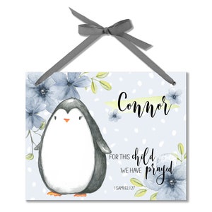 Personalized Christian Nursery Sign, Baptism Gift, Boys Nursery Door Sign, Penguin Bedroom Sign, Child&#39;s Name Plaque For This Child B-SCR004