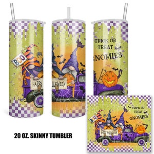 Halloween Gnome Tumbler, Cute Gonk 20 Oz. Insulated Tumbler with Lid and Straw, Vintage Pickup Truck, Gnome Fall Tumbler, Fall 7-HAL017