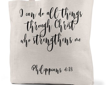 Christian Tote Bag, Philippians 4:13 Bible Book Bag, Christian Apparel, Scripture Tote Bag, Large Bag, Bible Journaling Bag, Jesus C-SCR024