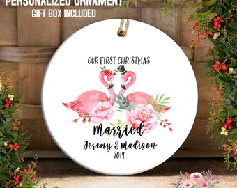 Our First Christmas MARRIED Personalized Flamingos Christmas Ornament Wedding Ornament Mr and Mrs Gift Wedding Gift Newlywed Gift OCH221