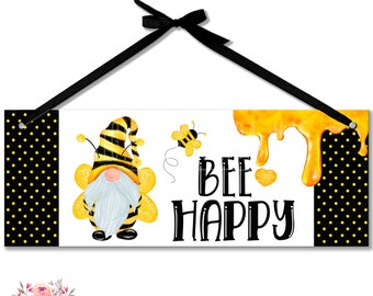 Gnome Bee Happy Sign, Bee Happy Wreath Sign, Bee Sign, Spring Sign, Wood Sign, Bee Decor, Kitchen Sign, Honey Bee Sign Gnome Sign X-SUM001