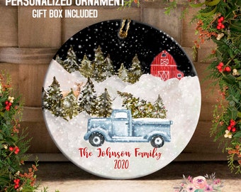 2020 Personalized Family Ornament 2020 Christmas Ornament Custom Ornament Gift Blue Truck and Barn Family Name Ornament Farm OCH334