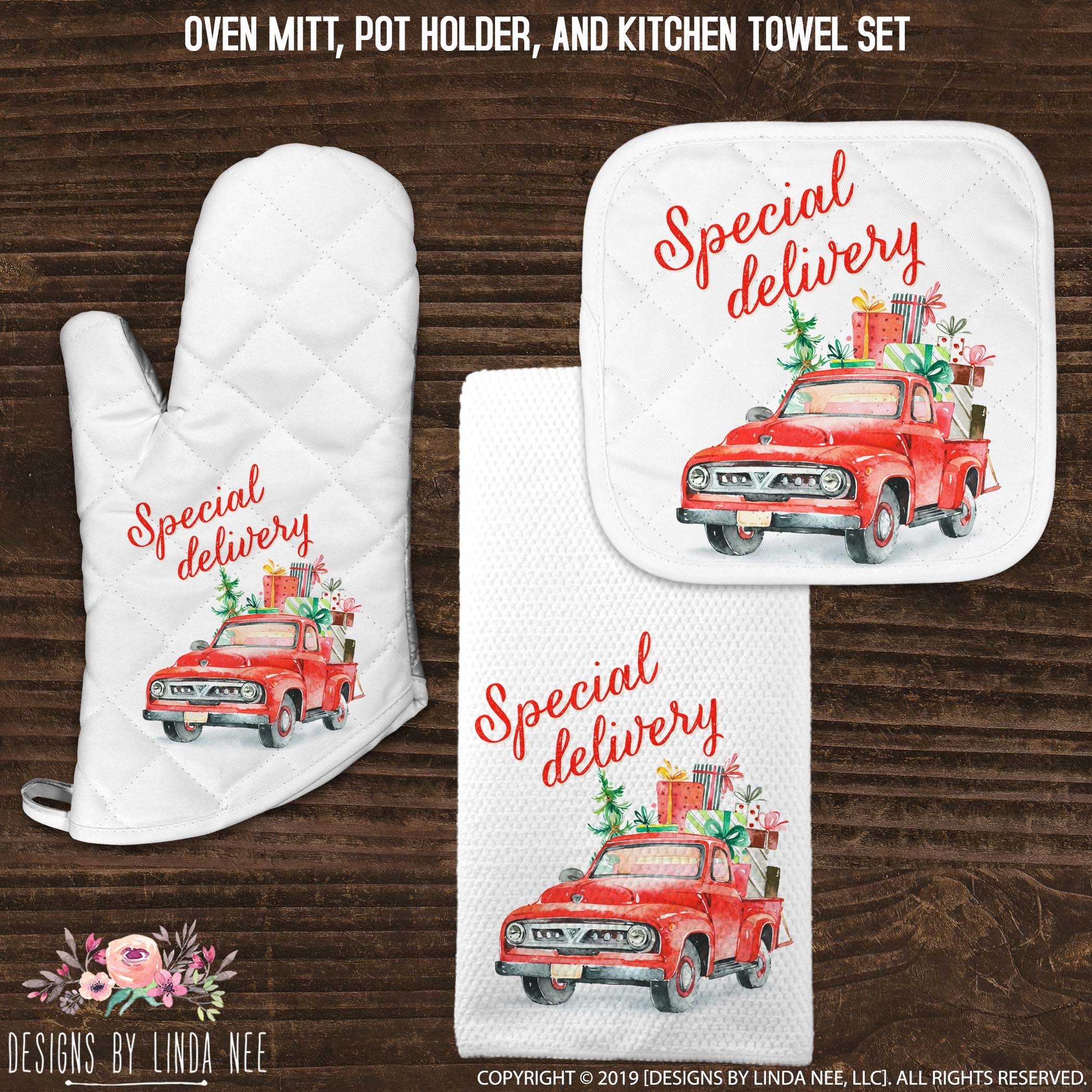 Red Christmas Trucks on Red Kitchen Dish Towel, Fabric Trimmed Hand Towel,  Tea Towel, Red Black Xmas Towel 