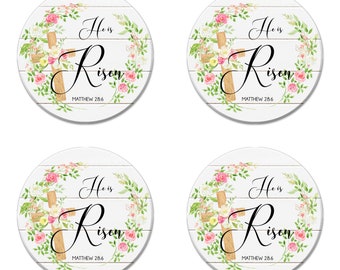 He Is Risen Coaster Set of 4, Easter Floral Table Ware, Easter Cross, Jesus Rises Decoration, Religious, Christian Mug Rug Faith X-EAS026