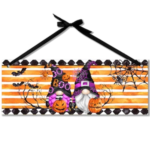 Halloween Gnome DOOR SIGN, Witch Gnome Decor, Front Door Sign, Mr and Mrs Wooden Gnome Plaque, Fall Door Hanger, Hardboard,  7-HAL004