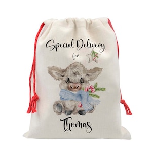 First Christmas Boys Santa Sack, Personalized Baby Christmas Sack, Christmas Eve Box, Girls Extra Large Christmas Gift Bag Cow Bag B-XMS013
