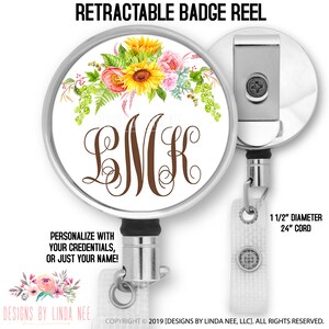 Monogrammed Badge Reel Personalized Retractable Nursing Badge Reel Sunflowers Badge Holder Gift for Nurse Pediatric Badge Holder BRP58