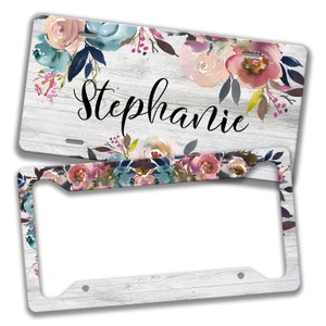 Personalized Floral License Plate Frame, Monogrammed Car Accessories, License Plate for Women, Custom Car Tag, Seatbelt Cover, Auto Z-ALP006