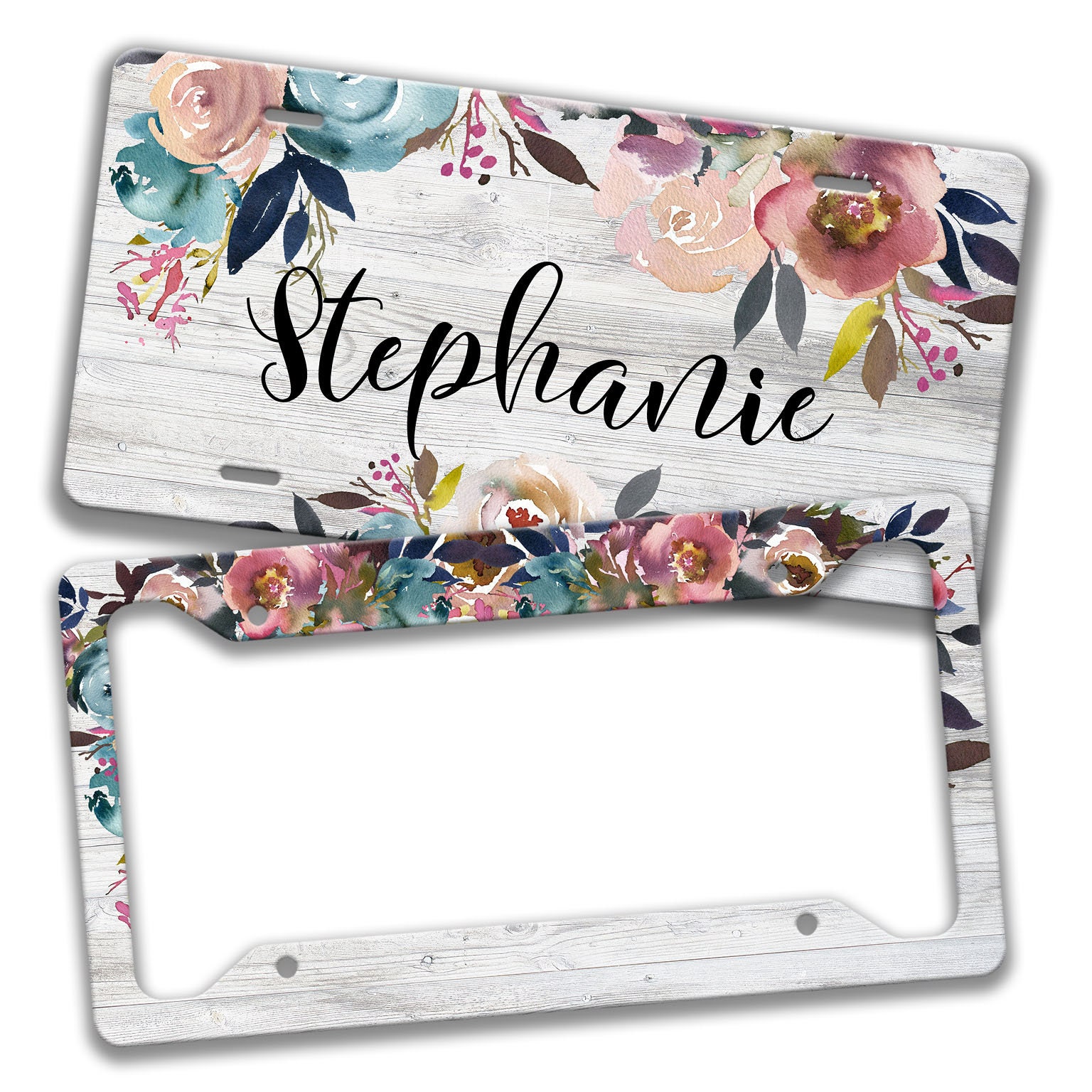 Personalized Floral License Plate Frame, Monogrammed Car Accessories, License Plate for Women, Custom Car Tag, Seatbelt Cover, Auto Z-ALP006