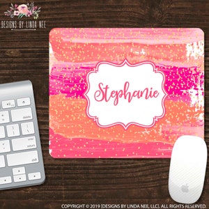 Pink Stripes Mousepad Custom Mousepad Monogram Mouse Pad Watercolor Personalized Mousepad Desk Accessories Name Mousepad Gold SMO12