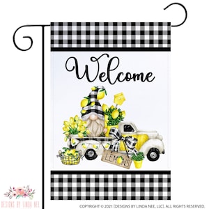 Lemonade Garden Flag with Gnomes and Pickup Truck, Lemonade Decor, Gnome Flag, Lemonade Flag, Buffalo Plaid Summer Flag 12x18&quot; X-SUM008