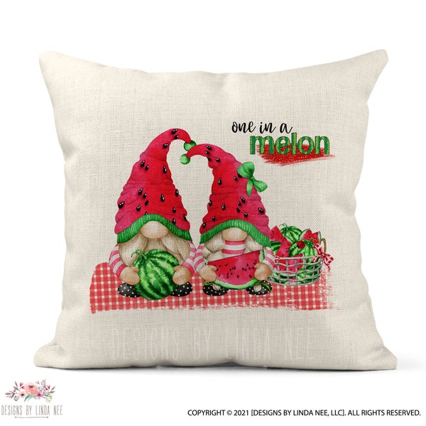 One In A Melon, Watermelon Summer Decor, Watermelon Gnome, Square Pillow 18x18, Housewarming Gift, Watermelon Gnome,  7-SUM010