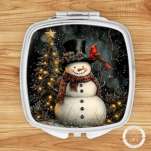 Snowman Gifts, Christmas Themed Compact Mirror, Hand Mirror, Purse Mirror, Gifts for Her, Primitive Rustic Themed, Winter Accessory 6-XMS045