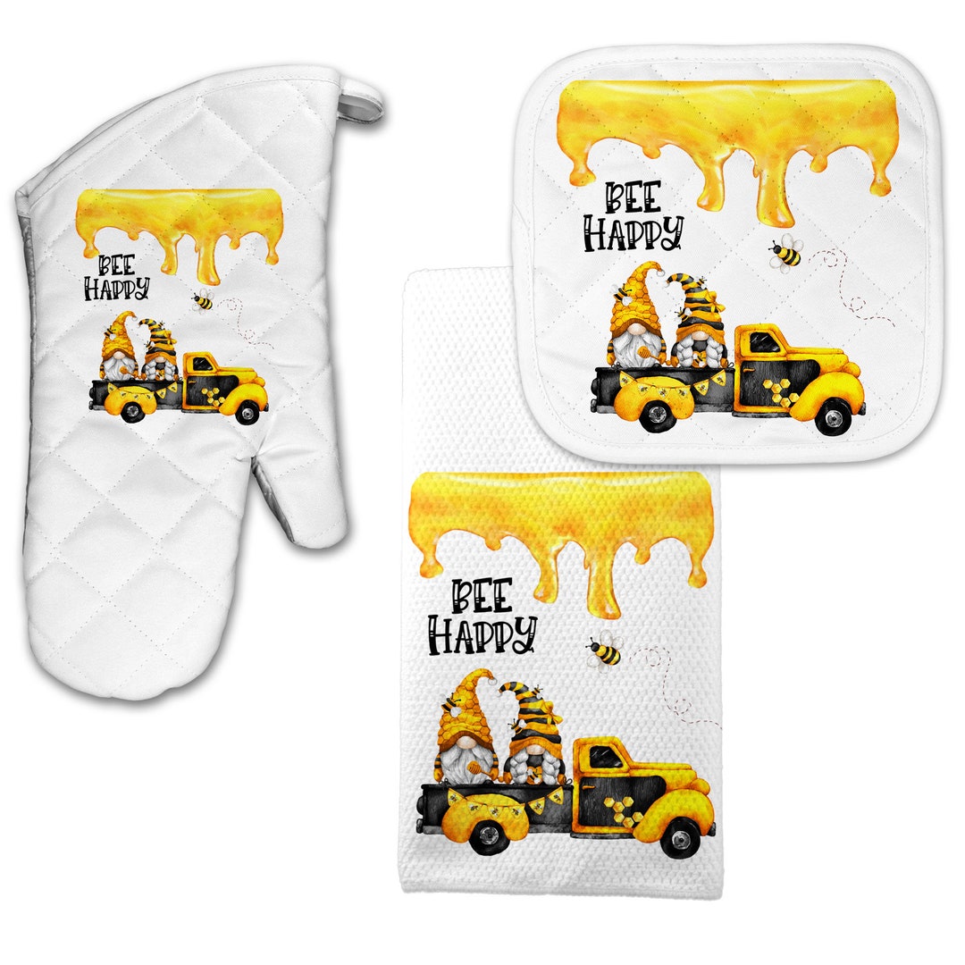 Bee Happy Kitchen Towels, Gnome Tea Towel, Gnome Kitchen Decor, Spring