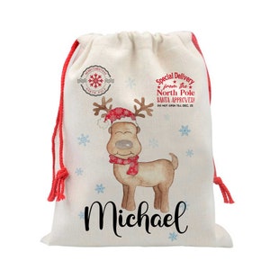 Rentier Extra Großer Weihnachtssack, Personalisierter Weihnachtssack, Weihnachtsabendbox mit benutzerdefiniertem Namen, Kinderweihnachtsgeschenktasche, Weihnachtsspielzeugtasche B-XMS011