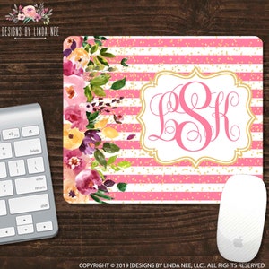 Custom Mousepad Floral Mousepad Monogram Mouse Pad Watercolor Floral Personalized Mousepad Desk Accessories Name Mousepad Pink Flowers SMO11