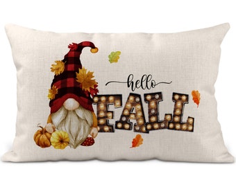 Hello Fall Lumbar Pillow Cover, Throw Pillow Cover 12x20 Hello Fall Decor, Autumn Pumpkins, Pumpkin Pillow Decor Living Room Couch 7-FAL002